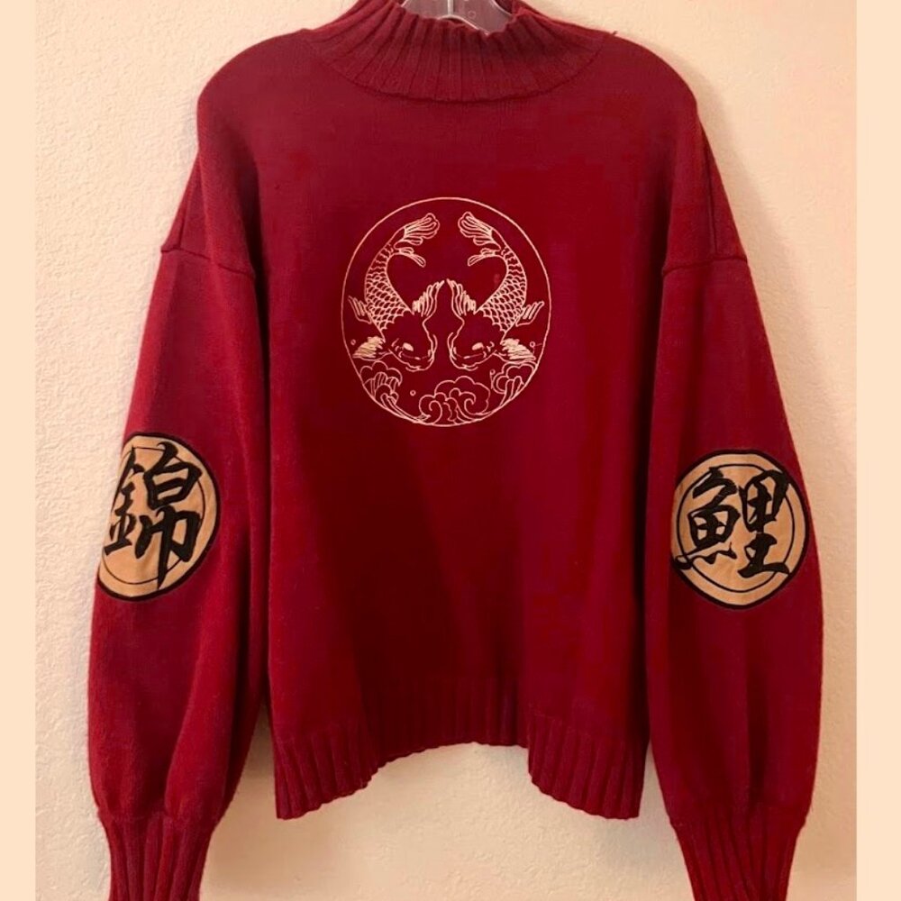 Red Koi Fish Embroidered Harajuku sweater